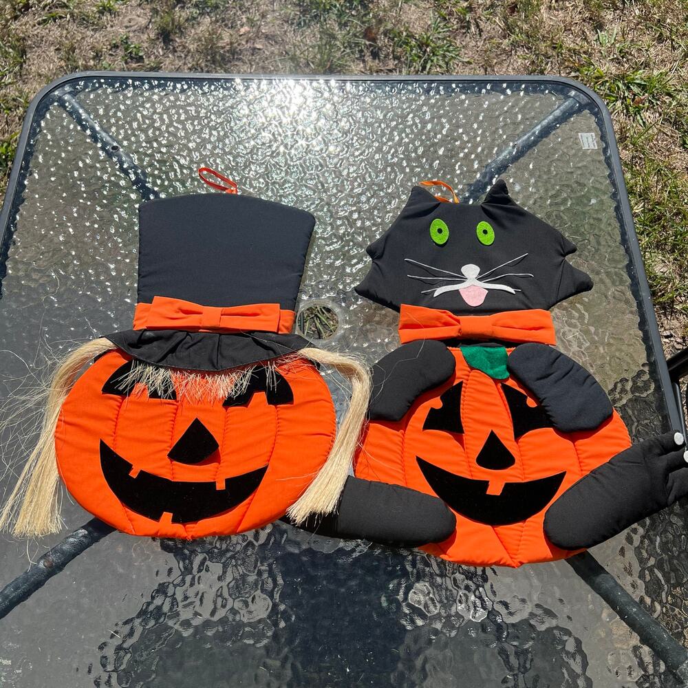 Set Of 2 Halloween Vintage Wall Door Decor Fabric Puffy Black Cat Jack O Lantern